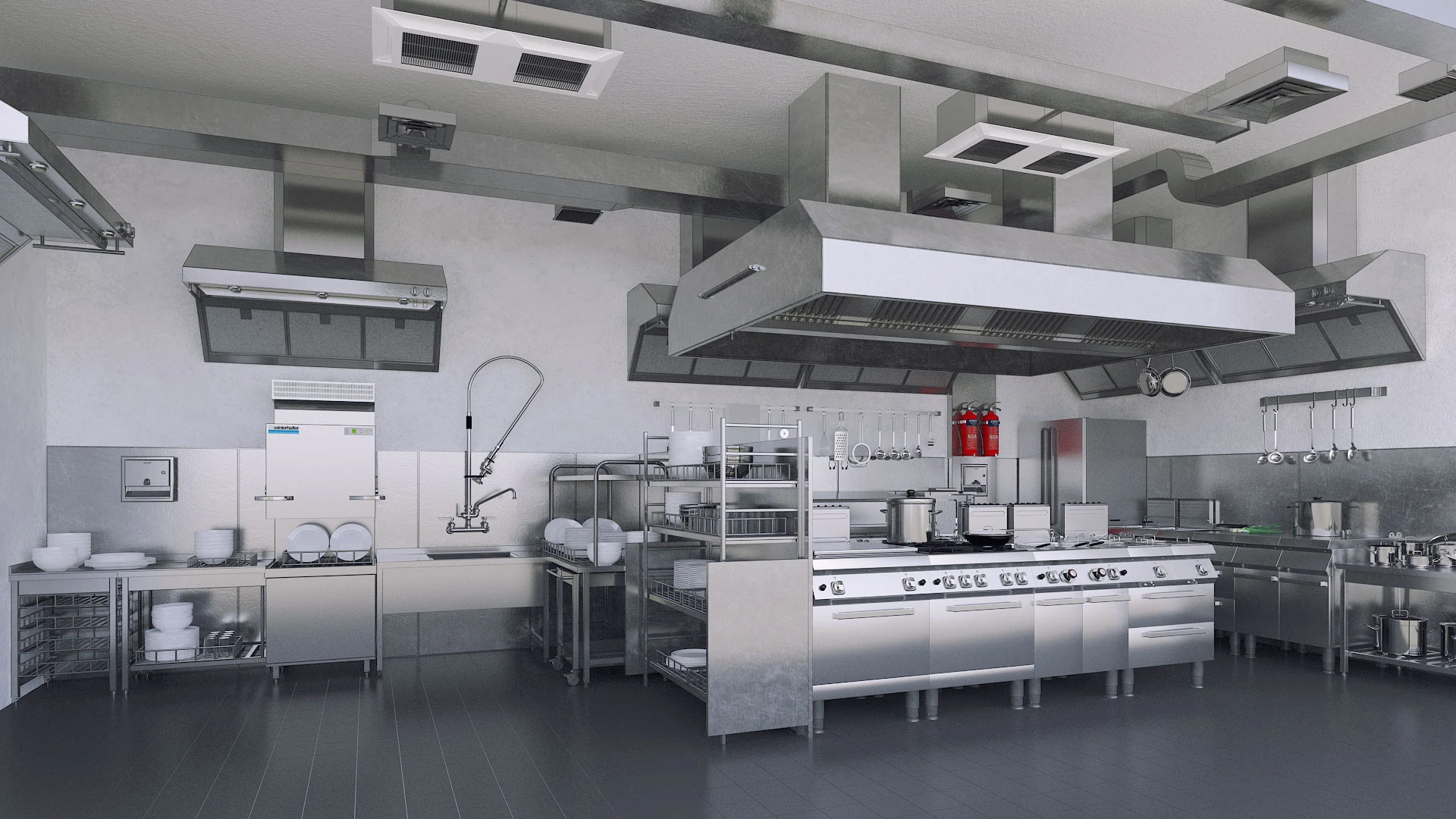 Commercial cooking line with stainless steel equipment and exhaust hoods